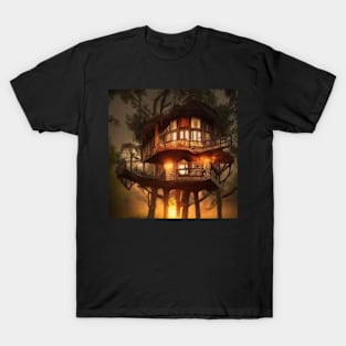 A magical treehouse in a breathtaking forest at sunset T-Shirt